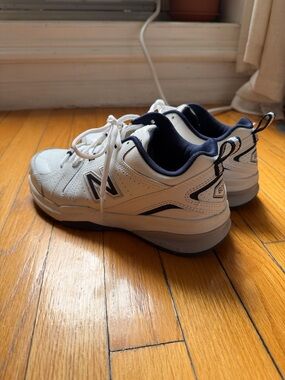 New Balance 608 White and Navy Athletic Sneakers